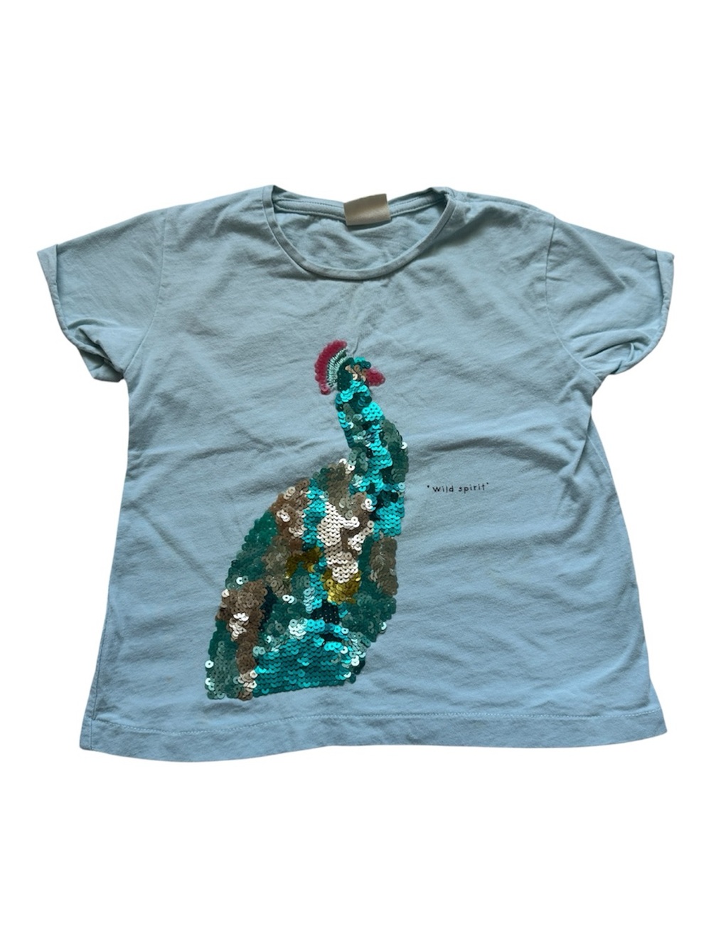 Zara Girls Size 5 Reversible Sequin Peacock Tee Blue Lightweight Graphic Shirt